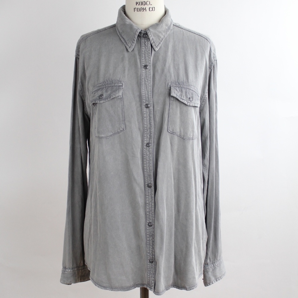 Draped Gray Button Down Rayon Shirt Distressed Top - image 1